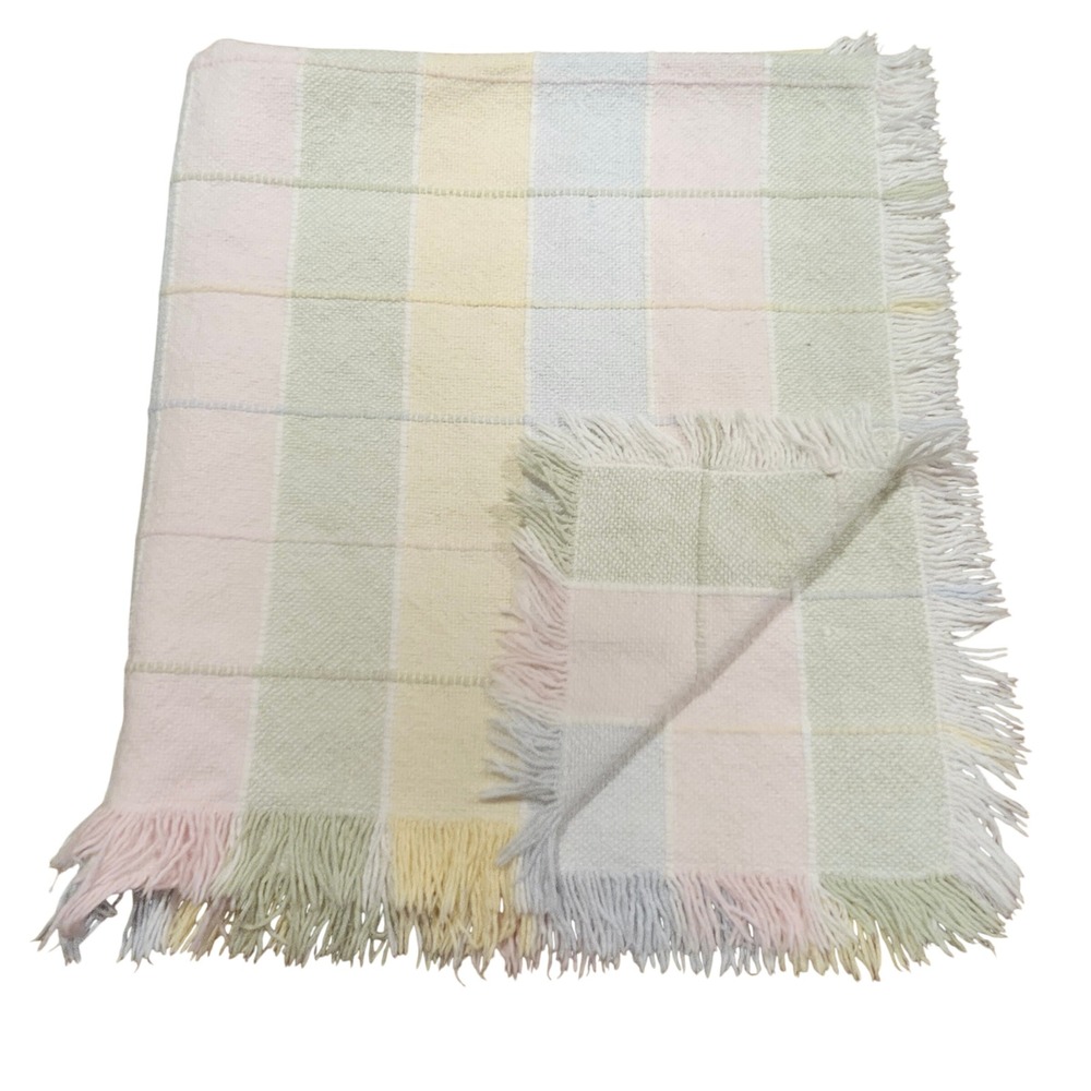 Vintage Plaid Woven Throw Blanket Pastel Fringe Trim Cottagecore Nursery